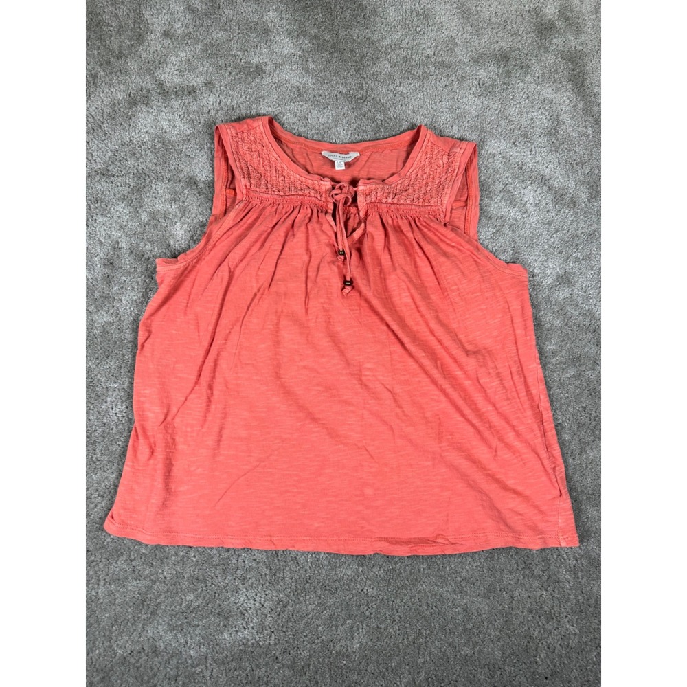 Lucky Brand Women Coral Slub Knit Smocked Slvls  Tank Top Large Boho Tie Neck